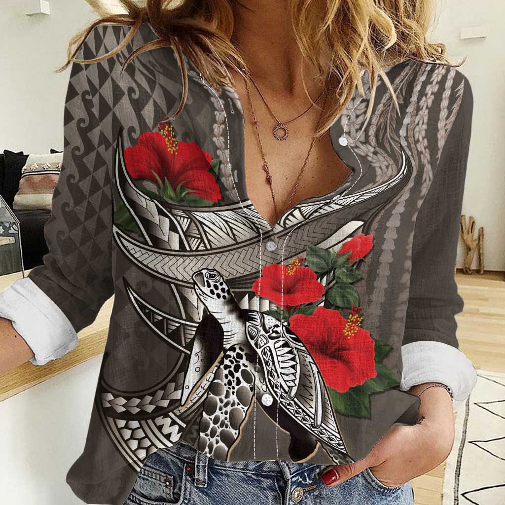 Hawaiian Honu Personalized Women Casual Shirt Mocha Mousse Hibiscus Tribal Hook Pattern