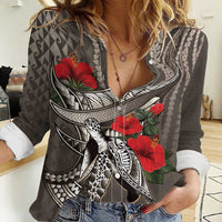 Hawaiian Honu Personalized Women Casual Shirt Mocha Mousse Hibiscus Tribal Hook Pattern