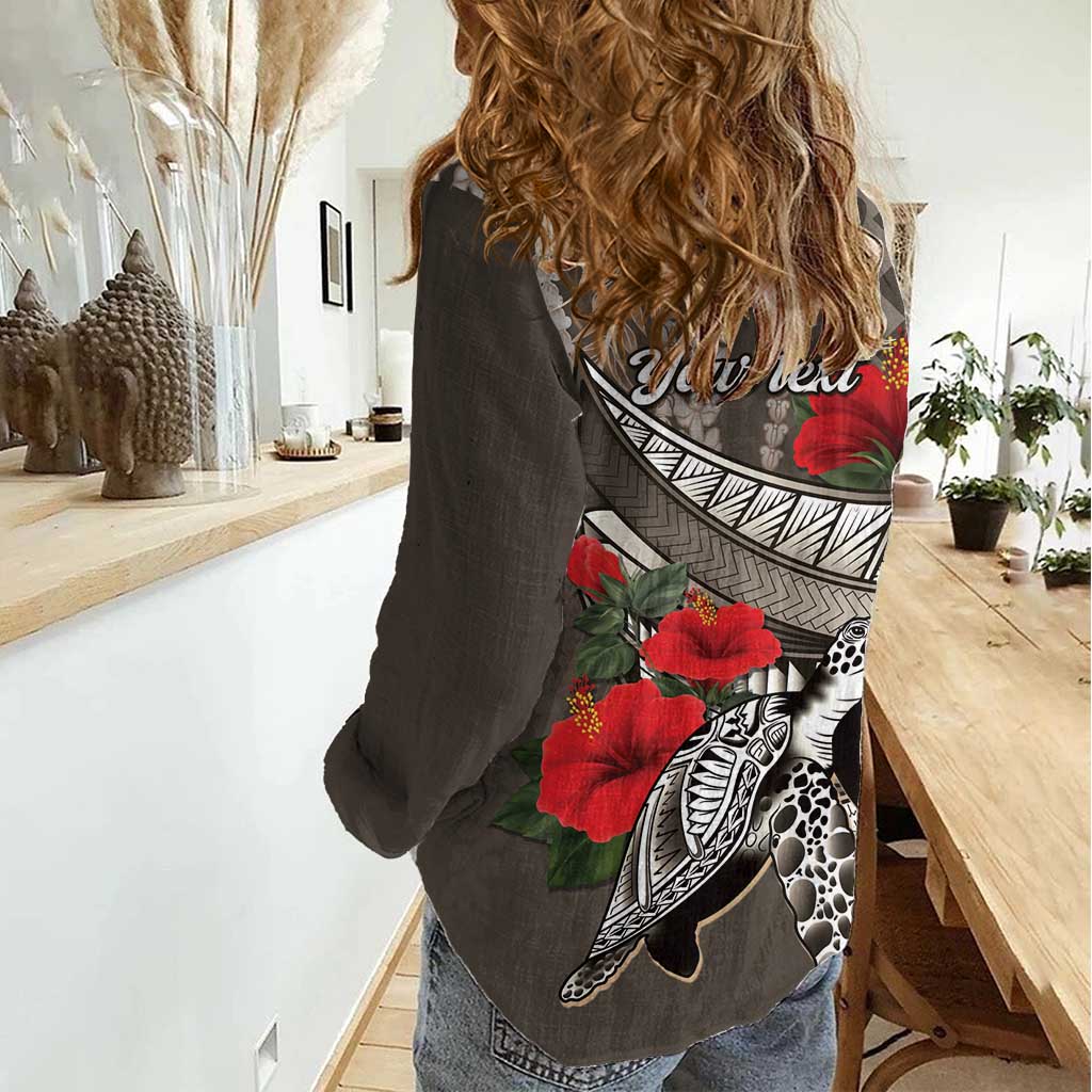 Hawaiian Honu Personalized Women Casual Shirt Mocha Mousse Hibiscus Tribal Hook Pattern
