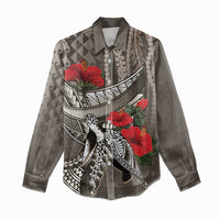 Hawaiian Honu Personalized Women Casual Shirt Mocha Mousse Hibiscus Tribal Hook Pattern