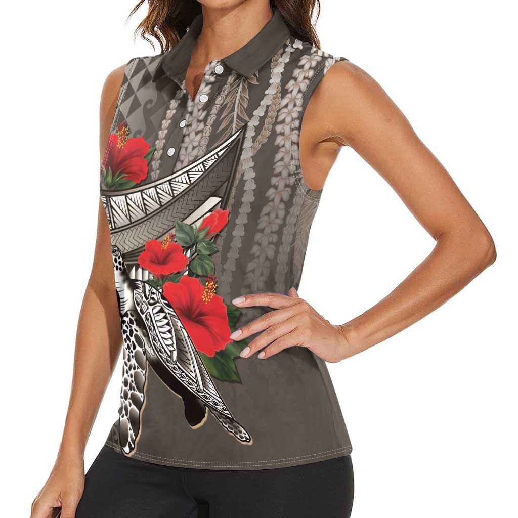 Hawaiian Honu Personalized Women Sleeveless Polo Shirt Mocha Mousse Hibiscus Tribal Hook Pattern