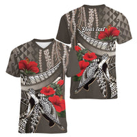 Hawaiian Honu Personalized Women V-Neck T-Shirt Mocha Mousse Hibiscus Tribal Hook Pattern