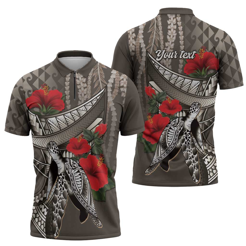 Hawaiian Honu Personalized Zipper Polo Shirt Mocha Mousse Hibiscus Tribal Hook Pattern