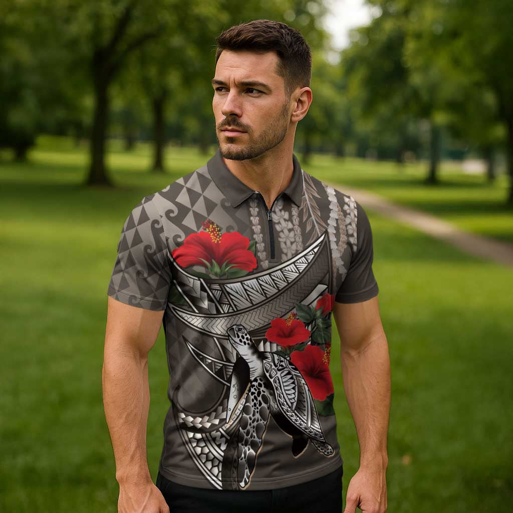 Hawaiian Honu Personalized Zipper Polo Shirt Mocha Mousse Hibiscus Tribal Hook Pattern