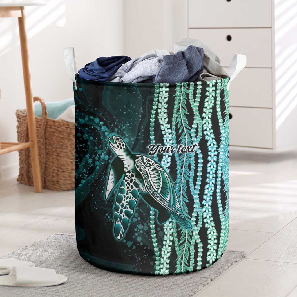 Hawaiian Honu Personalized Laundry Basket Dark Cyan Maile Pikake Flower Lei Inspired