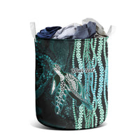 Hawaiian Honu Personalized Laundry Basket Dark Cyan Maile Pikake Flower Lei Inspired