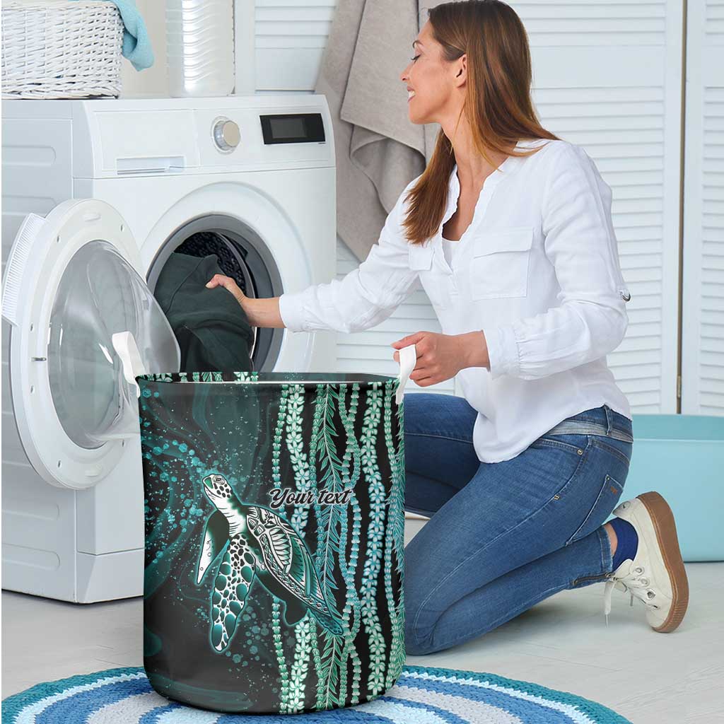 Hawaiian Honu Personalized Laundry Basket Dark Cyan Maile Pikake Flower Lei Inspired