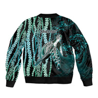 Hawaiian Honu Personalized Bomber Jacket Dark Cyan Maile Pikake Flower Lei Inspired