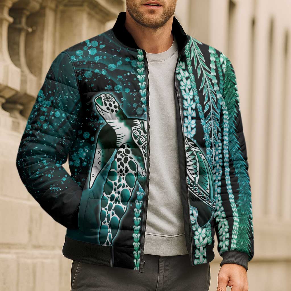 Hawaiian Honu Personalized Bomber Puffer Jacket Dark Cyan Maile Pikake Flower Lei Inspired