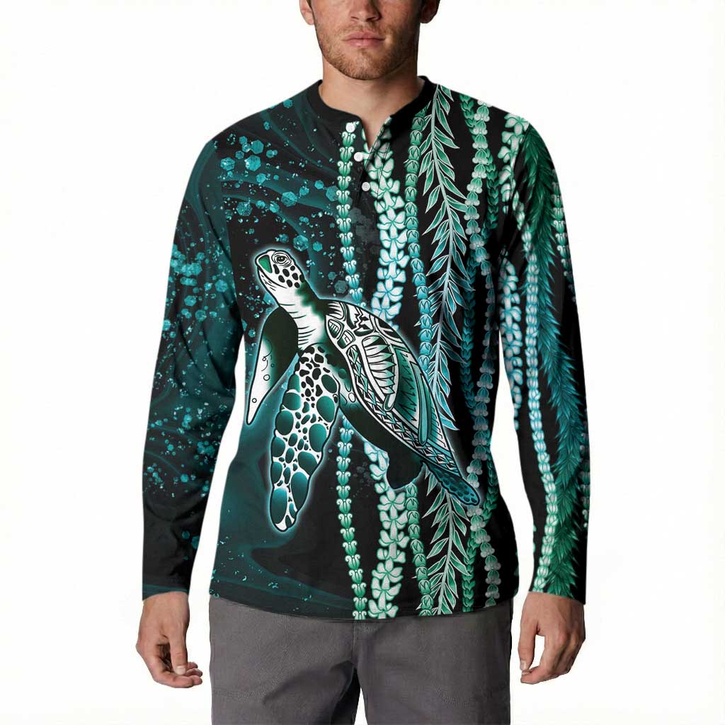 Hawaiian Honu Personalized Button Sweatshirt Dark Cyan Maile Pikake Flower Lei Inspired