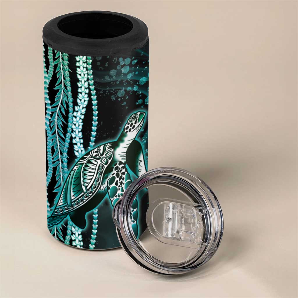 Hawaiian Honu Personalized 4 in 1 Can Cooler Tumbler Dark Cyan Maile Pikake Flower Lei Inspired