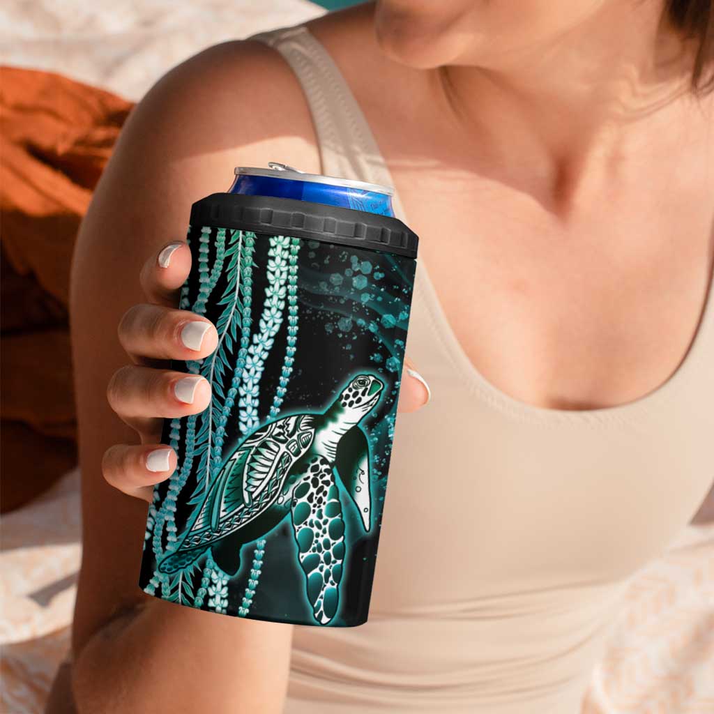 Hawaiian Honu Personalized 4 in 1 Can Cooler Tumbler Dark Cyan Maile Pikake Flower Lei Inspired