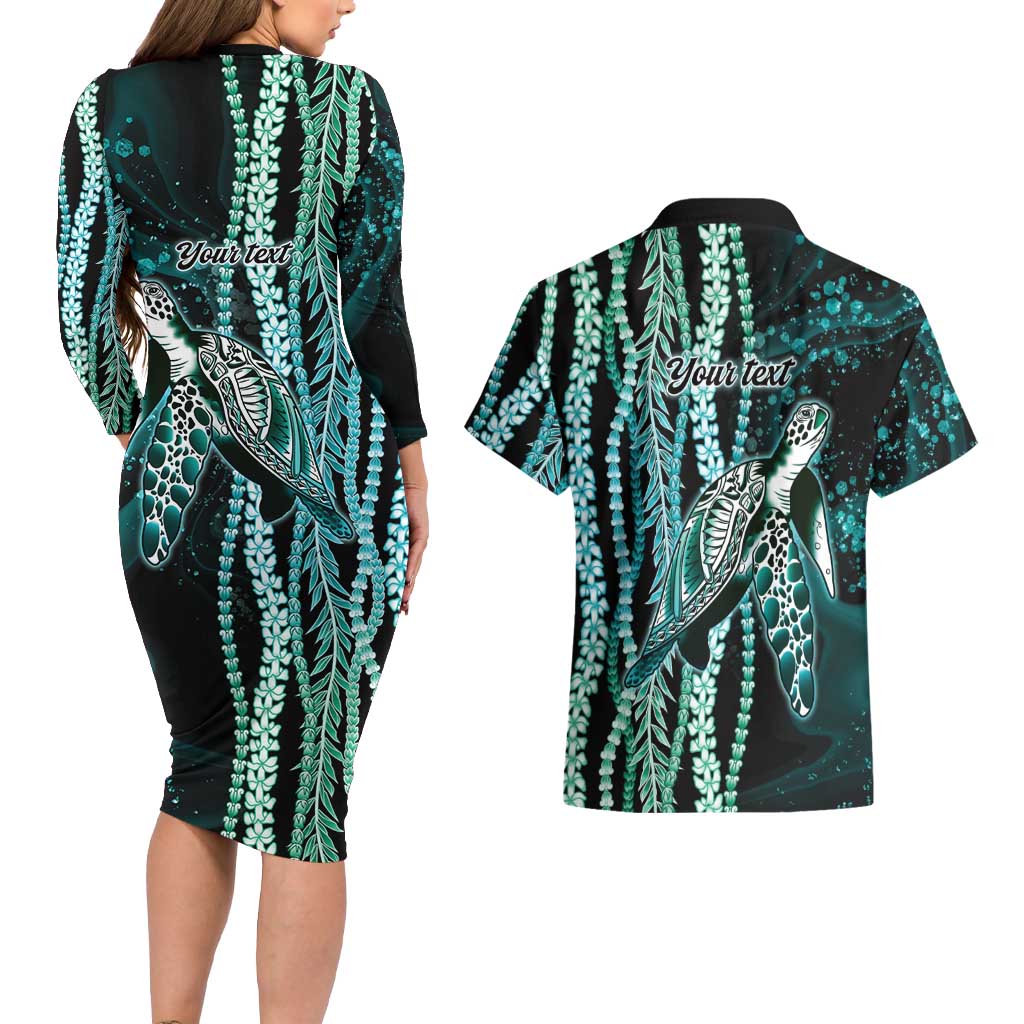 Hawaiian Honu Personalized Couples Matching Long Sleeve Bodycon Dress and Hawaiian Shirt Dark Cyan Maile Pikake Flower Lei Inspired LT9 - Polynesian Pride