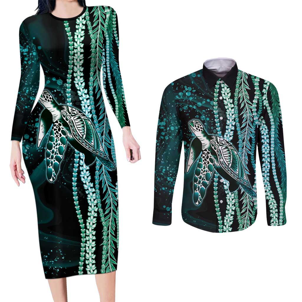 Hawaiian Honu Personalized Couples Matching Long Sleeve Bodycon Dress and Long Sleeve Button Shirt Dark Cyan Maile Pikake Flower Lei Inspired LT9 Cyan - Polynesian Pride