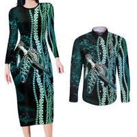 Hawaiian Honu Personalized Couples Matching Long Sleeve Bodycon Dress and Long Sleeve Button Shirt Dark Cyan Maile Pikake Flower Lei Inspired