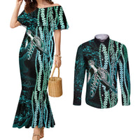 Hawaiian Honu Personalized Couples Matching Mermaid Dress and Long Sleeve Button Shirt Dark Cyan Maile Pikake Flower Lei Inspired