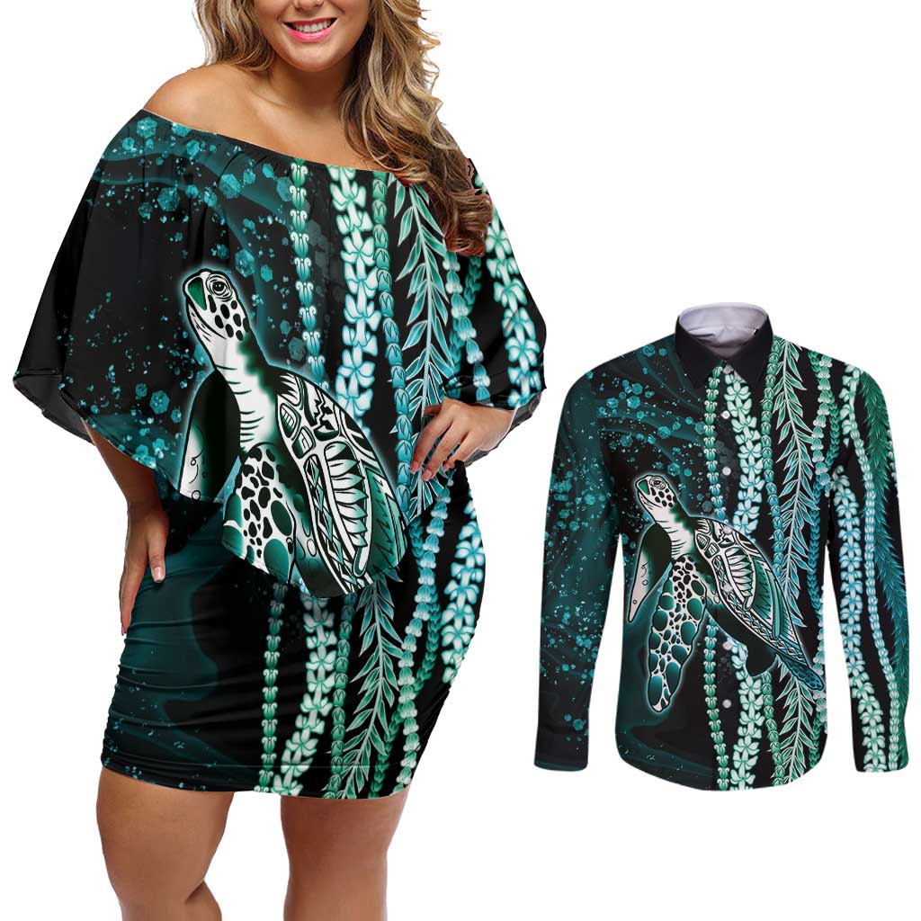 Hawaiian Honu Personalized Couples Matching Off Shoulder Short Dress and Long Sleeve Button Shirt Dark Cyan Maile Pikake Flower Lei Inspired LT9 Cyan - Polynesian Pride