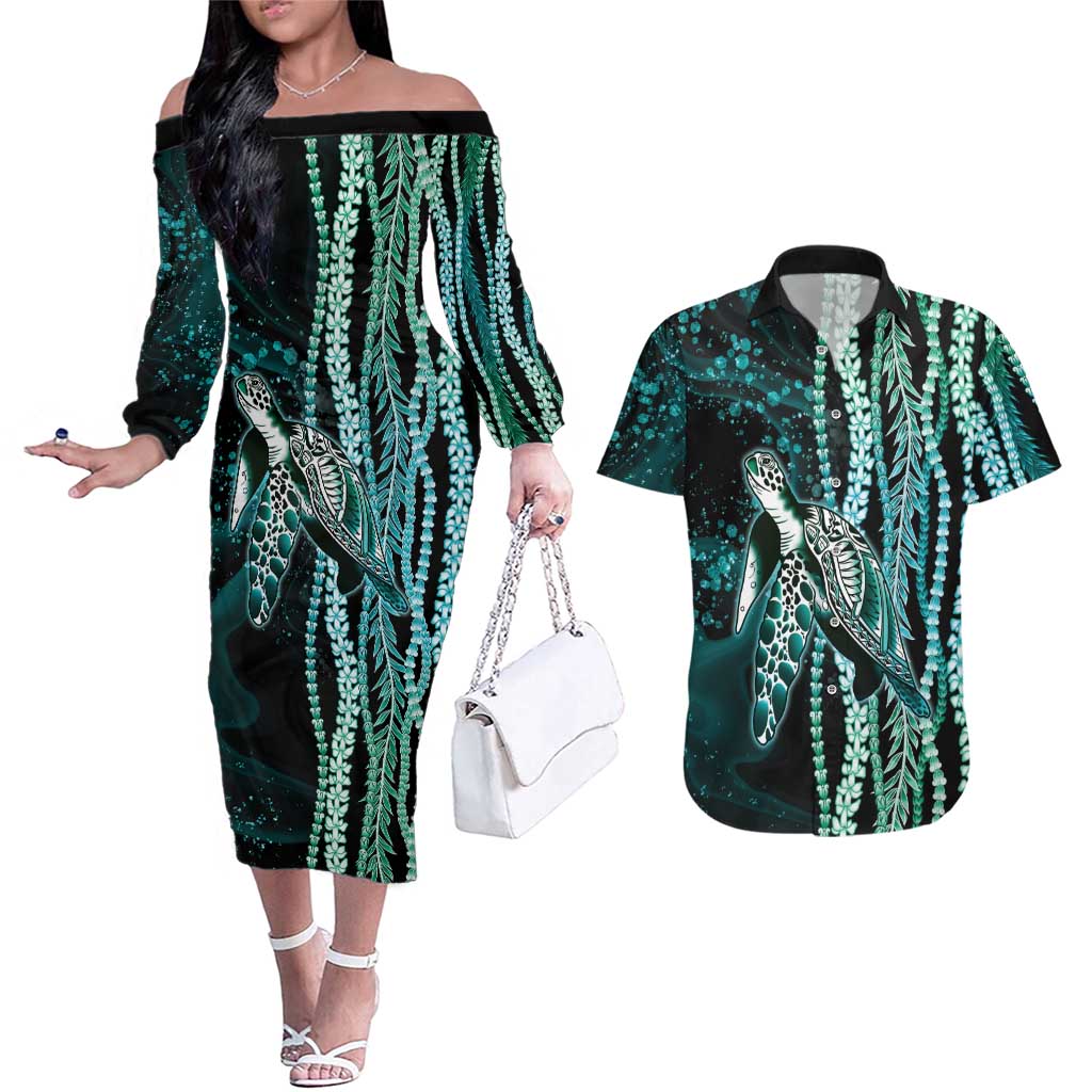 Hawaiian Honu Personalized Couples Matching Off The Shoulder Long Sleeve Dress and Hawaiian Shirt Dark Cyan Maile Pikake Flower Lei Inspired