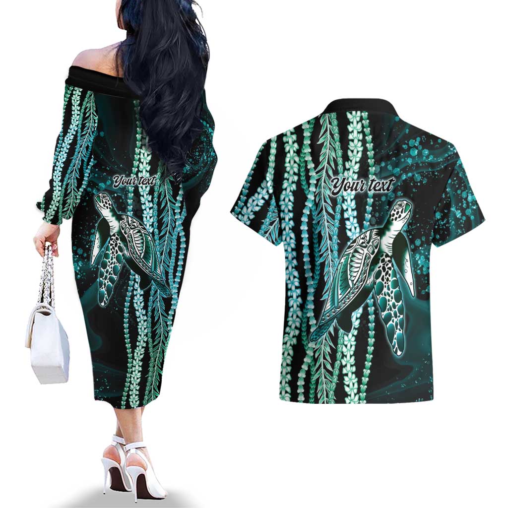 Hawaiian Honu Personalized Couples Matching Off The Shoulder Long Sleeve Dress and Hawaiian Shirt Dark Cyan Maile Pikake Flower Lei Inspired LT9 - Polynesian Pride
