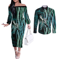 Hawaiian Honu Personalized Couples Matching Off The Shoulder Long Sleeve Dress and Long Sleeve Button Shirt Dark Cyan Maile Pikake Flower Lei Inspired