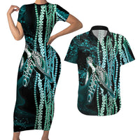 Hawaiian Honu Personalized Couples Matching Short Sleeve Bodycon Dress and Hawaiian Shirt Dark Cyan Maile Pikake Flower Lei Inspired LT9 Cyan - Polynesian Pride