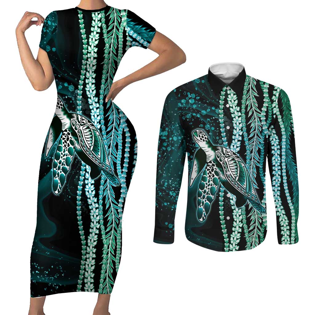 Hawaiian Honu Personalized Couples Matching Short Sleeve Bodycon Dress and Long Sleeve Button Shirt Dark Cyan Maile Pikake Flower Lei Inspired