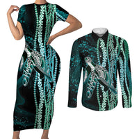 Hawaiian Honu Personalized Couples Matching Short Sleeve Bodycon Dress and Long Sleeve Button Shirt Dark Cyan Maile Pikake Flower Lei Inspired