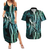 Hawaiian Honu Personalized Couples Matching Summer Maxi Dress and Hawaiian Shirt Dark Cyan Maile Pikake Flower Lei Inspired