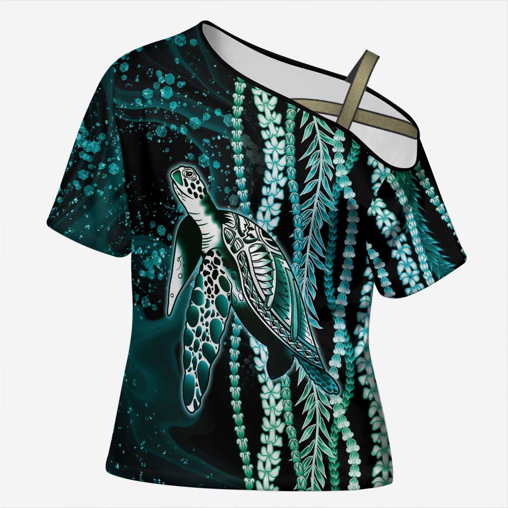 Hawaiian Honu Personalized Cross Shoulder Shirt Dark Cyan Maile Pikake Flower Lei Inspired