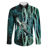 Hawaiian Honu Personalized Family Matching Long Sleeve Bodycon Dress and Hawaiian Shirt Dark Cyan Maile Pikake Flower Lei Inspired LT9 Dad's Shirt - Long Sleeve Cyan - Polynesian Pride
