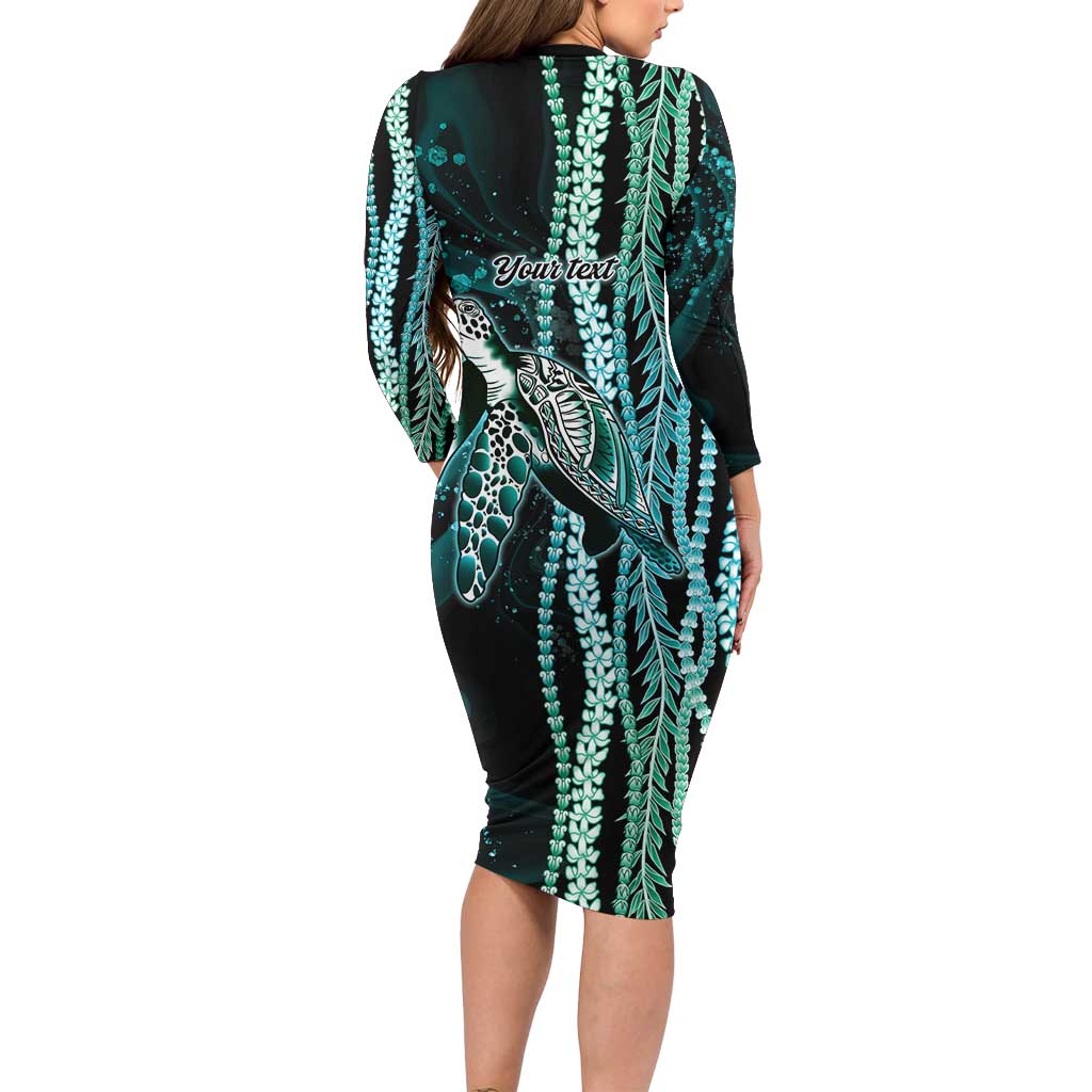 Hawaiian Honu Personalized Family Matching Long Sleeve Bodycon Dress and Hawaiian Shirt Dark Cyan Maile Pikake Flower Lei Inspired LT9 - Polynesian Pride