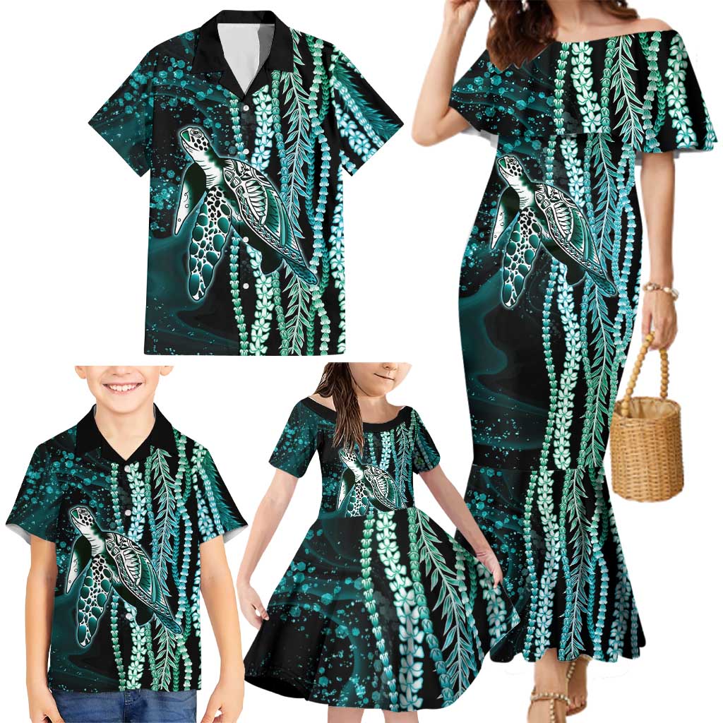 Hawaiian Honu Personalized Family Matching Mermaid Dress and Hawaiian Shirt Dark Cyan Maile Pikake Flower Lei Inspired LT9 - Polynesian Pride