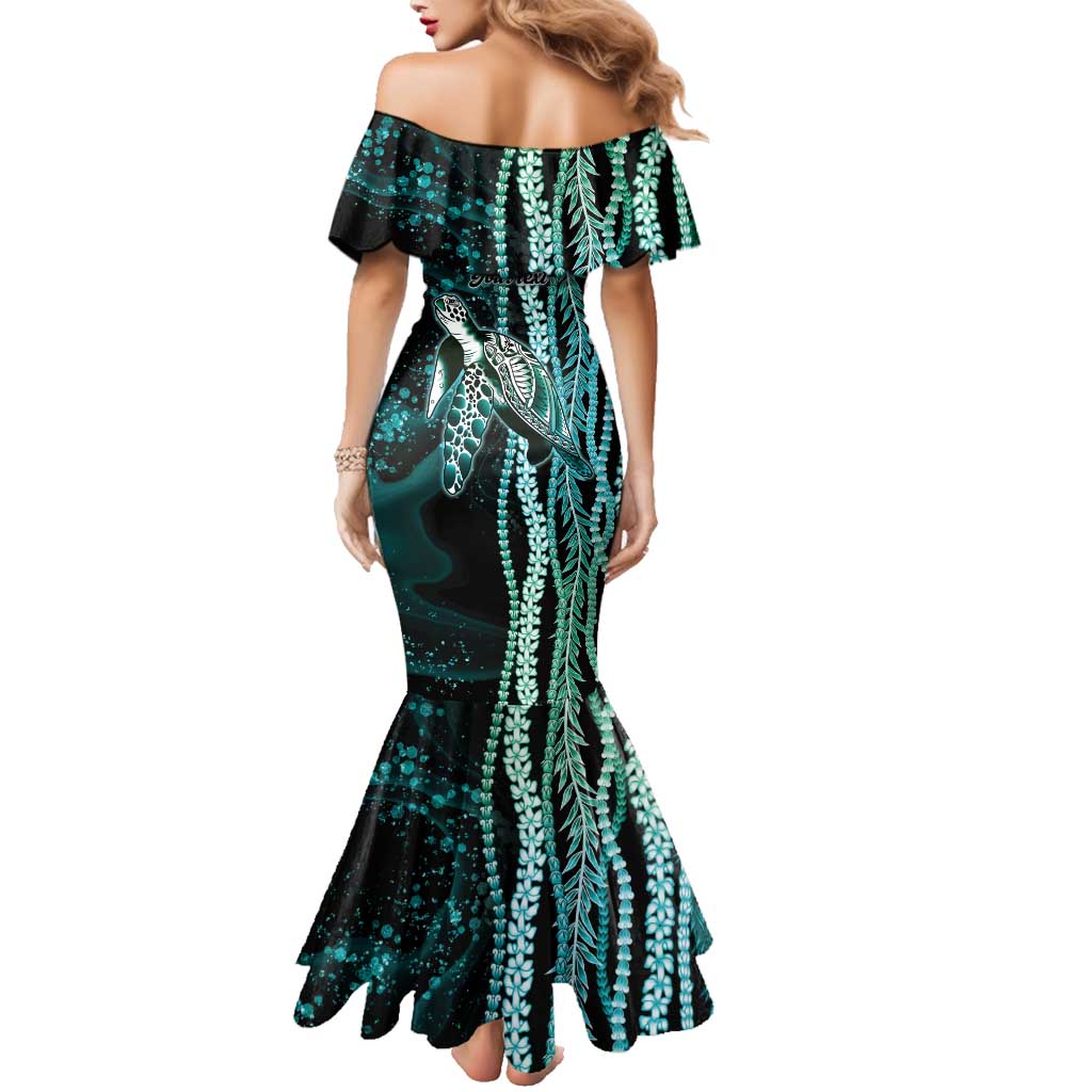 Hawaiian Honu Personalized Family Matching Mermaid Dress and Hawaiian Shirt Dark Cyan Maile Pikake Flower Lei Inspired LT9 - Polynesian Pride