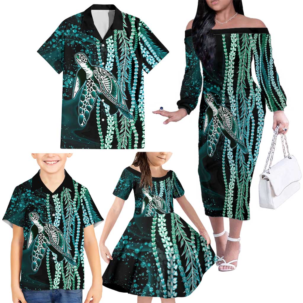 Hawaiian Honu Personalized Family Matching Off The Shoulder Long Sleeve Dress and Hawaiian Shirt Dark Cyan Maile Pikake Flower Lei Inspired LT9 - Polynesian Pride