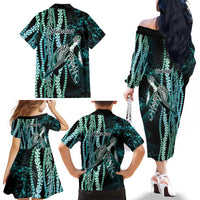 Hawaiian Honu Personalized Family Matching Off The Shoulder Long Sleeve Dress and Hawaiian Shirt Dark Cyan Maile Pikake Flower Lei Inspired LT9 - Polynesian Pride