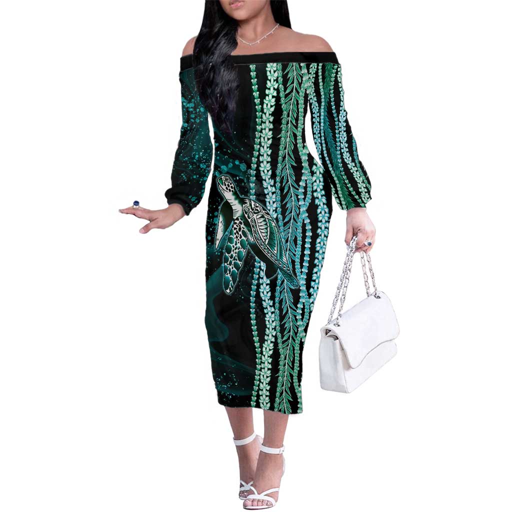 Hawaiian Honu Personalized Family Matching Off The Shoulder Long Sleeve Dress and Hawaiian Shirt Dark Cyan Maile Pikake Flower Lei Inspired LT9 Mom's Dress Cyan - Polynesian Pride