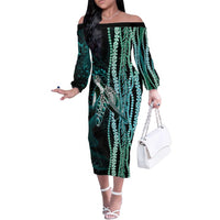 Hawaiian Honu Personalized Family Matching Off The Shoulder Long Sleeve Dress and Hawaiian Shirt Dark Cyan Maile Pikake Flower Lei Inspired LT9 Mom's Dress Cyan - Polynesian Pride