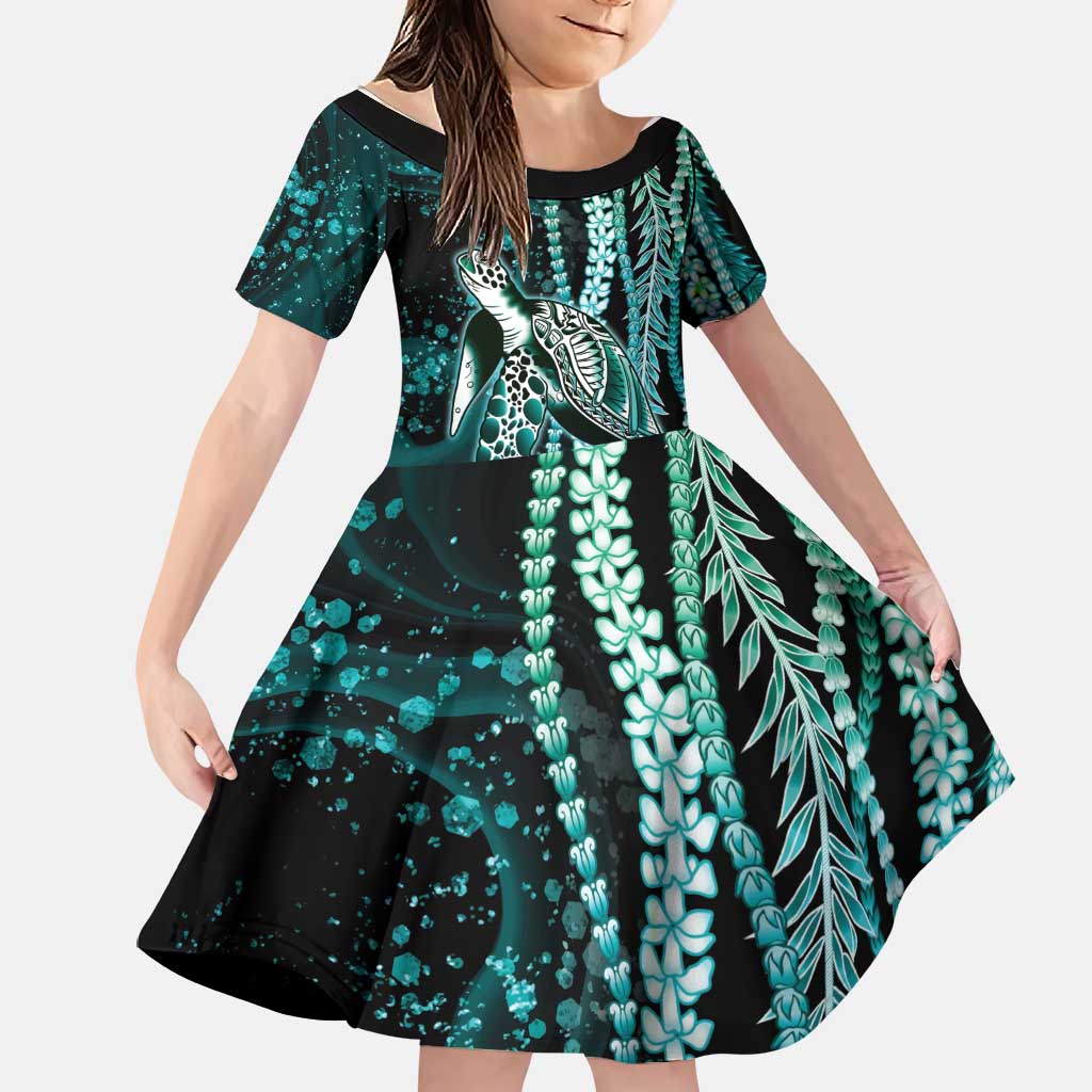 Hawaiian Honu Personalized Family Matching Off Shoulder Maxi Dress and Hawaiian Shirt Dark Cyan Maile Pikake Flower Lei Inspired LT9 Daughter's Dress Cyan - Polynesian Pride