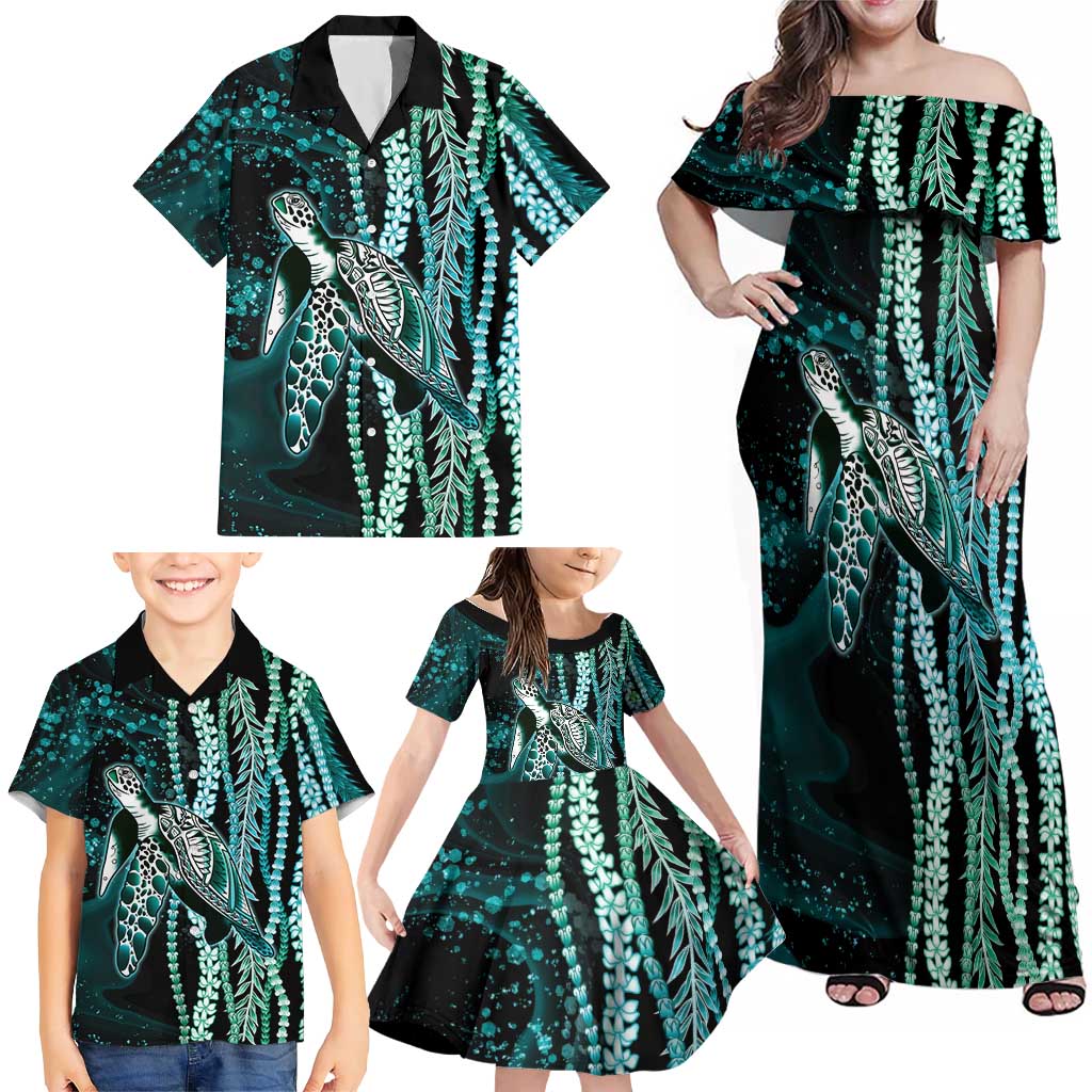 Hawaiian Honu Personalized Family Matching Off Shoulder Maxi Dress and Hawaiian Shirt Dark Cyan Maile Pikake Flower Lei Inspired