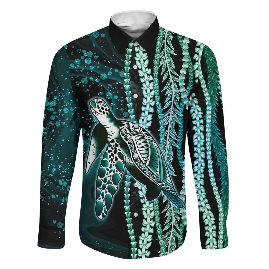 Hawaiian Honu Personalized Family Matching Off Shoulder Maxi Dress and Hawaiian Shirt Dark Cyan Maile Pikake Flower Lei Inspired LT9 Dad's Shirt - Long Sleeve Cyan - Polynesian Pride