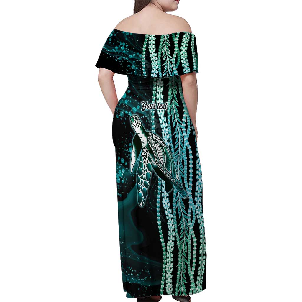Hawaiian Honu Personalized Family Matching Off Shoulder Maxi Dress and Hawaiian Shirt Dark Cyan Maile Pikake Flower Lei Inspired LT9 - Polynesian Pride