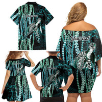 Hawaiian Honu Personalized Family Matching Off Shoulder Short Dress and Hawaiian Shirt Dark Cyan Maile Pikake Flower Lei Inspired LT9 - Polynesian Pride