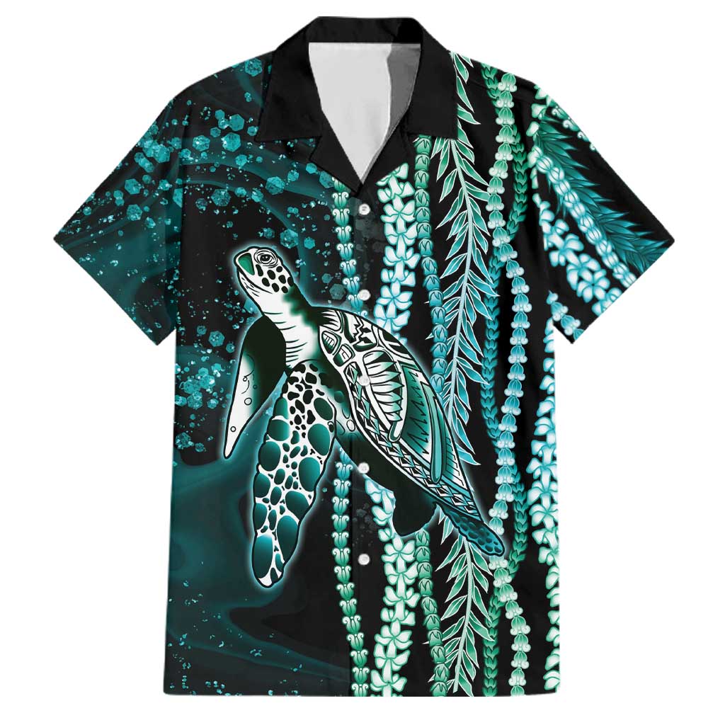 Hawaiian Honu Personalized Family Matching Off Shoulder Short Dress and Hawaiian Shirt Dark Cyan Maile Pikake Flower Lei Inspired LT9 Dad's Shirt - Short Sleeve Cyan - Polynesian Pride