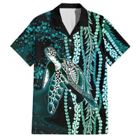 Hawaiian Honu Personalized Family Matching Off Shoulder Short Dress and Hawaiian Shirt Dark Cyan Maile Pikake Flower Lei Inspired LT9 Dad's Shirt - Short Sleeve Cyan - Polynesian Pride