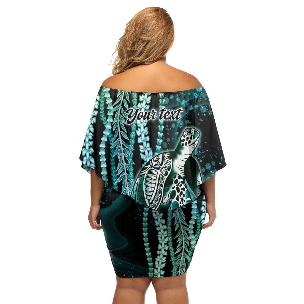 Hawaiian Honu Personalized Family Matching Off Shoulder Short Dress and Hawaiian Shirt Dark Cyan Maile Pikake Flower Lei Inspired LT9 - Polynesian Pride