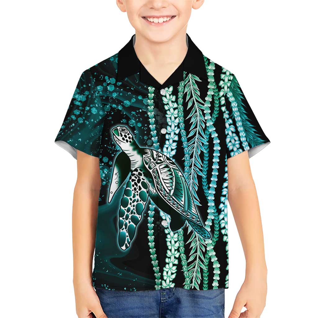 Hawaiian Honu Personalized Family Matching Off Shoulder Short Dress and Hawaiian Shirt Dark Cyan Maile Pikake Flower Lei Inspired LT9 Son's Shirt Cyan - Polynesian Pride