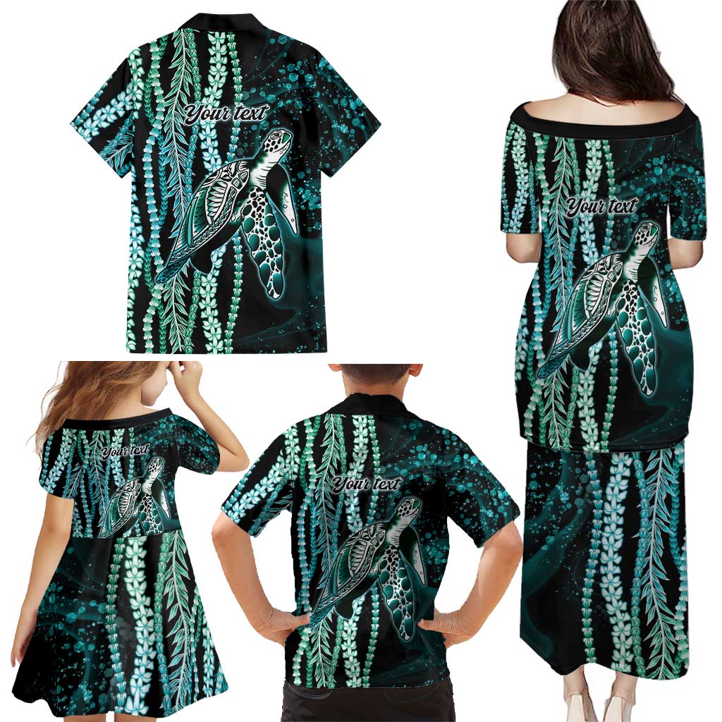 Hawaiian Honu Personalized Family Matching Puletasi and Hawaiian Shirt Dark Cyan Maile Pikake Flower Lei Inspired LT9 - Polynesian Pride