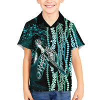 Hawaiian Honu Personalized Family Matching Puletasi and Hawaiian Shirt Dark Cyan Maile Pikake Flower Lei Inspired LT9 Son's Shirt Cyan - Polynesian Pride