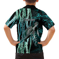 Hawaiian Honu Personalized Family Matching Short Sleeve Bodycon Dress and Hawaiian Shirt Dark Cyan Maile Pikake Flower Lei Inspired LT9 - Polynesian Pride