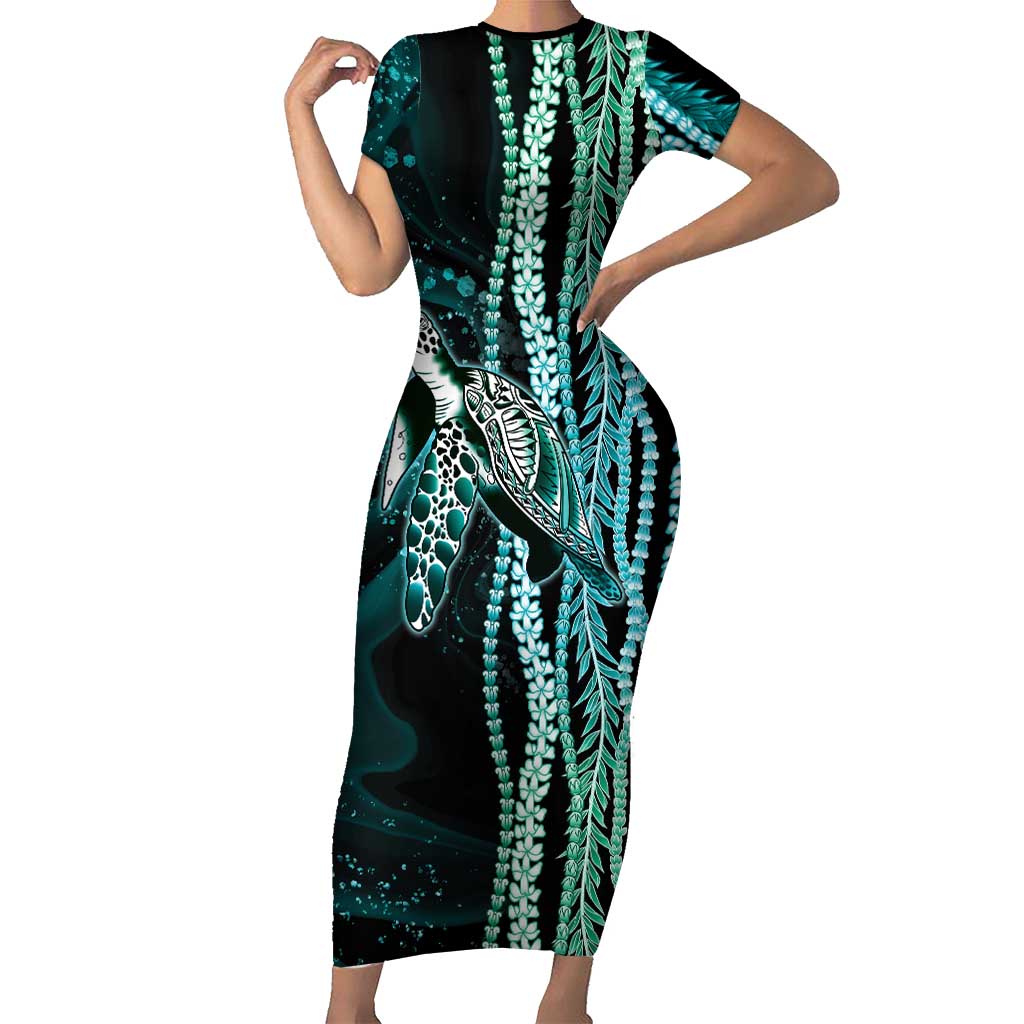 Hawaiian Honu Personalized Family Matching Short Sleeve Bodycon Dress and Hawaiian Shirt Dark Cyan Maile Pikake Flower Lei Inspired LT9 Mom's Dress Cyan - Polynesian Pride